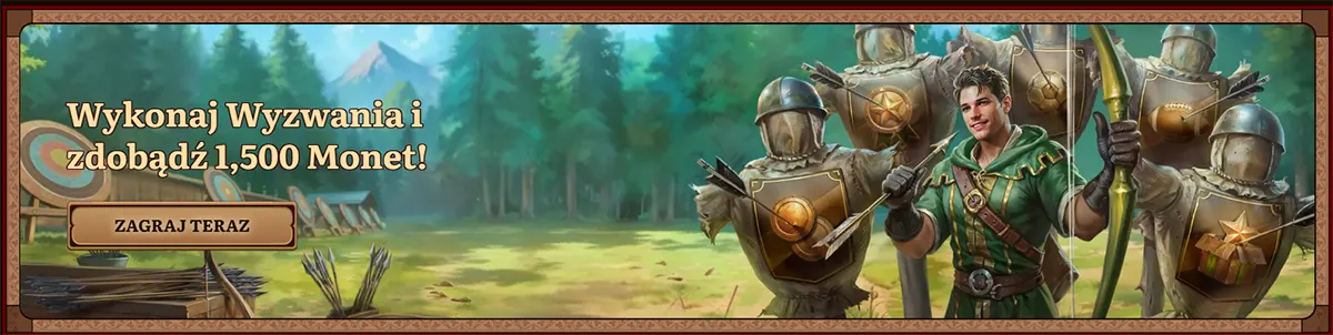 “Fantasy game banner showing an archer hero training with armored practice dummies in a forest, promoting challenges to earn 1,500 coins with a play now button.”