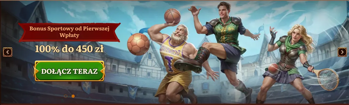 “Sports bonus banner showing fantasy athletes playing basketball in a medieval arena, advertising a 100% first deposit sports bonus up to 450 PLN with a join now button.”